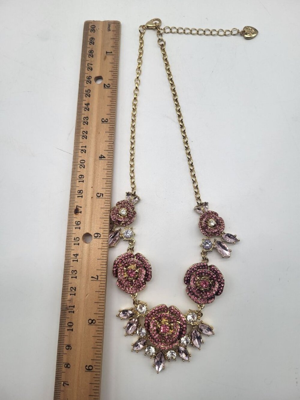 Betsey Johnson Pink Crystal Rhinestone Floral Rose Necklace Statement Gold Tone - Picture 8 of 10